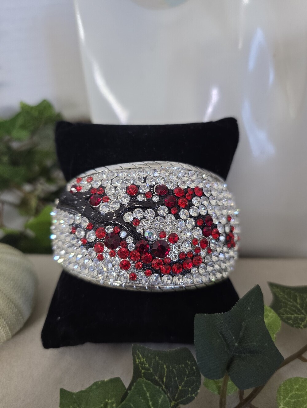Crystal Cherry Blossom Hinged Cuff Bracelet | Red & Clear Rhinestone Statement